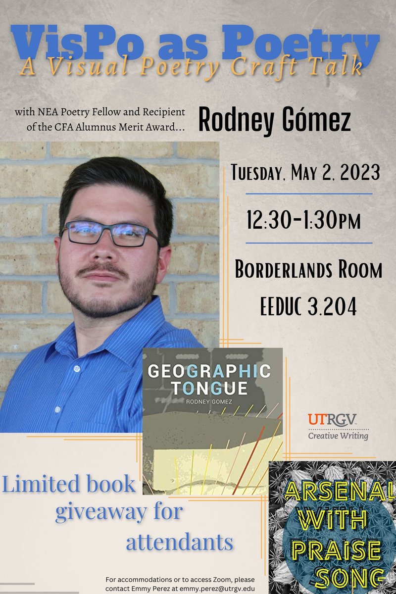 UTRGV_mfa's tweet photo. Join us in person for a chance to win a book by @RodneyxGomez.

Tuesday, May 2, Borderlands Room EEDUC 3.204 @utrgv 

https://t.co/9cJm0tY4dN https://t.co/b9iR31UlE5