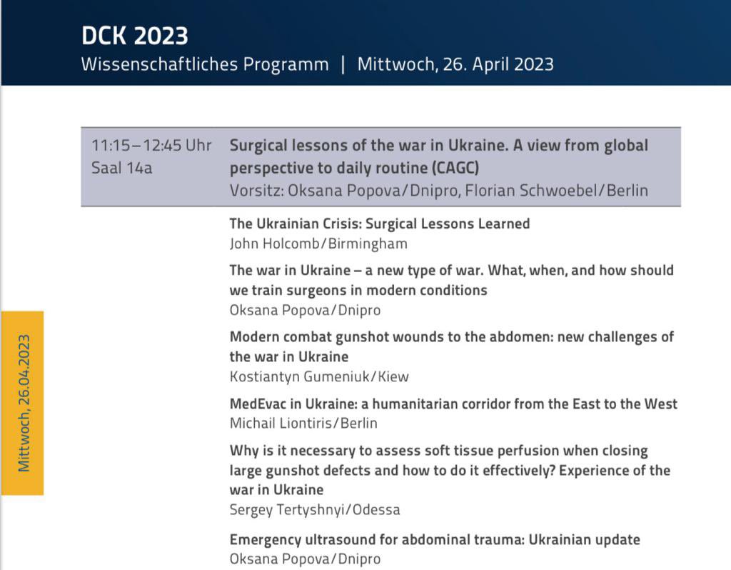 CAGC Working Group on Global Surgery of the DGCH (@cagc_dgch) on Twitter photo Check out this session tomorrow April 26, 2023 at DCK in Munich on „Surgical lessons of the war in Ukraine 🇺🇦. A view from global perspective to daily routine (CAGC)“ in Saal 14a. We are happy that <a href="/OksanaMPopova/">Oksana Popova</a> can be there in person! #surgery #dck #chirurgie #münchen #kongress Check out this session tomorrow April 26, 2023 at DCK in Munich on „Surgical lessons of the war in Ukraine 🇺🇦. A view from global perspective to daily routine (CAGC)“ in Saal 14a. We are happy that <a href="/OksanaMPopova/">Oksana Popova</a> can be there in person! #surgery #dck #chirurgie #münchen #kongress