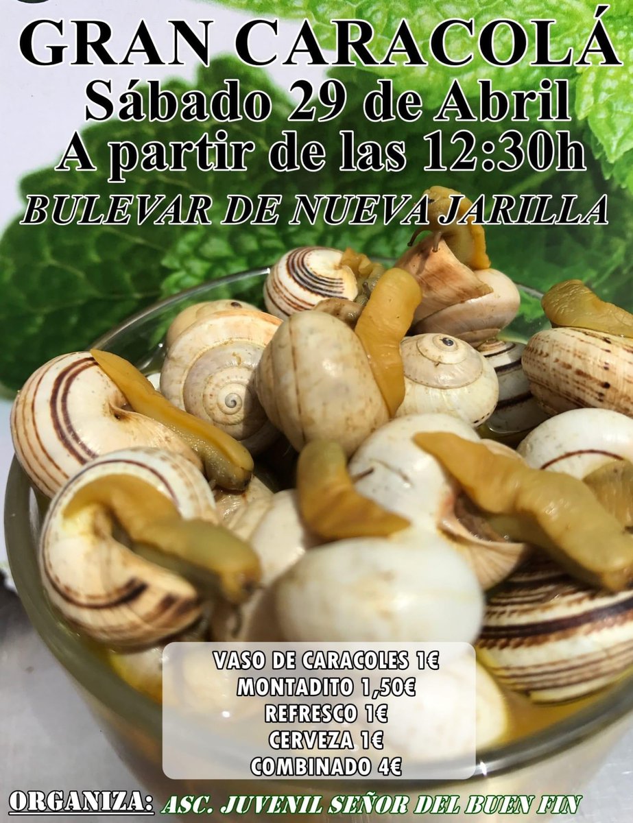 Este sábado 𝒄𝒂𝒓𝒂𝒄𝒐𝒍𝒂́ 𝒅𝒆 𝒍𝒐𝒔 𝑱𝒐́𝒗𝒆𝒏𝒆𝒔 𝒅𝒆 𝑵𝒖𝒆𝒗𝒂 𝒋𝒂𝒓𝒊𝒍𝒍𝒂.

Caracoles, montaditos de filetes en salsa, montaditos de tortillas

Cerveza fría y por supuesto REBUJITO para ir activando el modo Feria.
En el Bulevar, Nueva Jarilla

Te lo vas a perder?