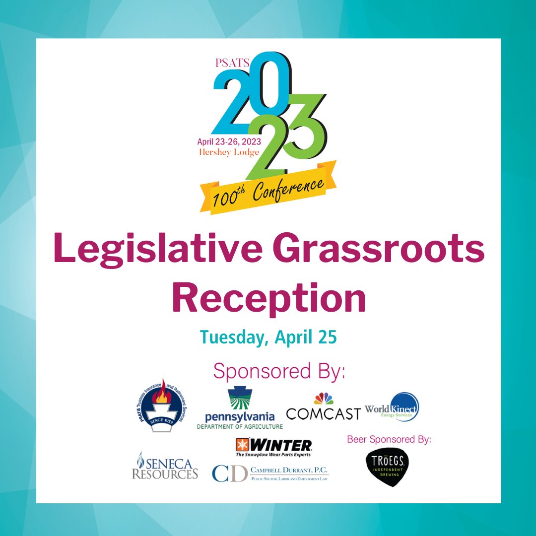 PSATS's tweet photo. 👏PSATS would like to thank the 2023 sponsors of the Grassroots Legislative Reception!

#PSATSConf23 https://t.co/Y0oPJxfIdU