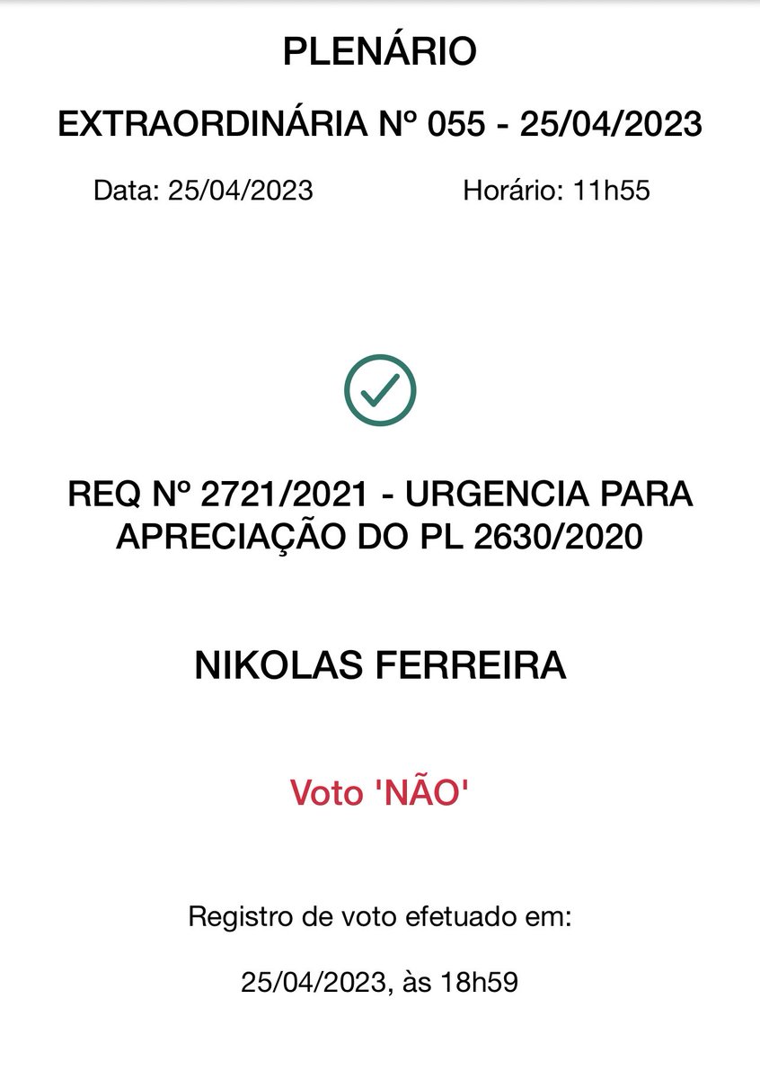 nikolas_dm's tweet photo. Voto NÃO para o requerimento de urgência do PL da censura. https://t.co/Sdm8p1pNgO