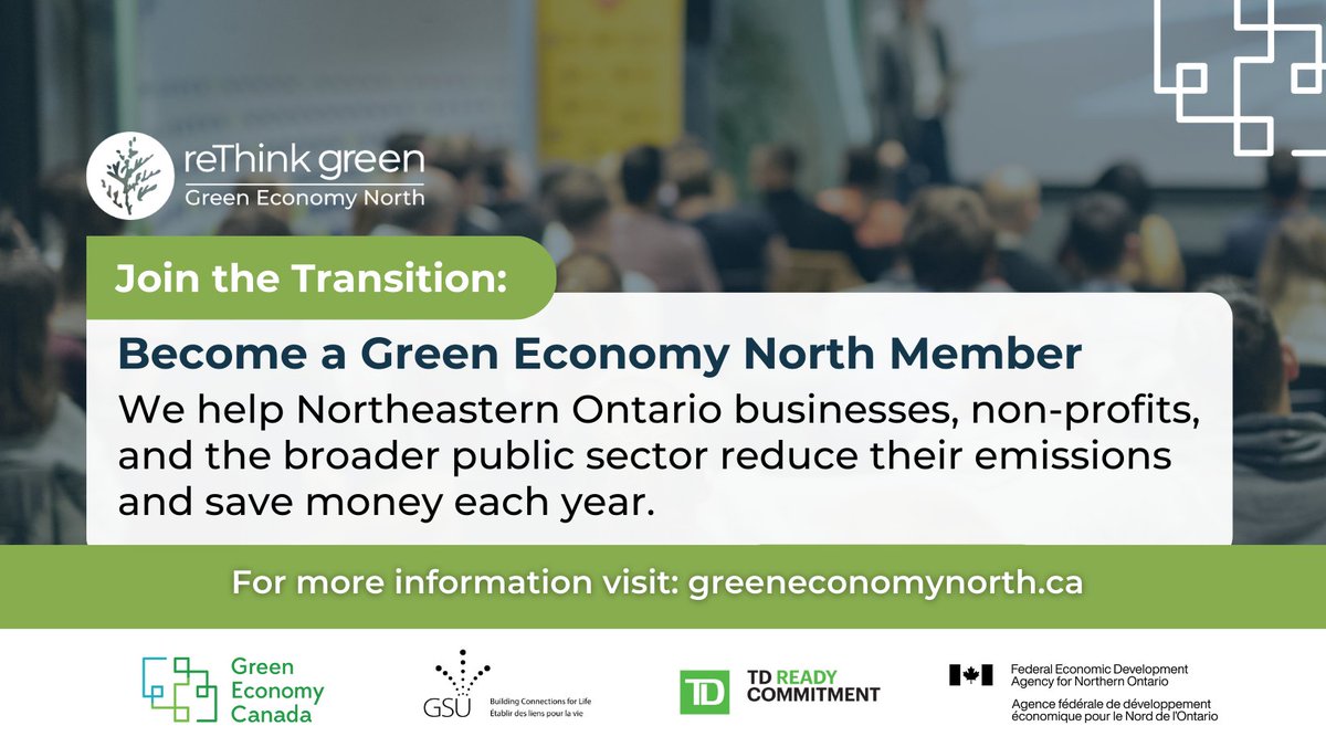 Businesses and Organizations in Northeastern Ontario are invited to join our growing network of Green Economy Leaders!!

Complete the Membership Inquiry Form by Monday, May 1st to guarantee your place in our next cohort!

For more information visit: rethinkgreen.ca/green-economy-…