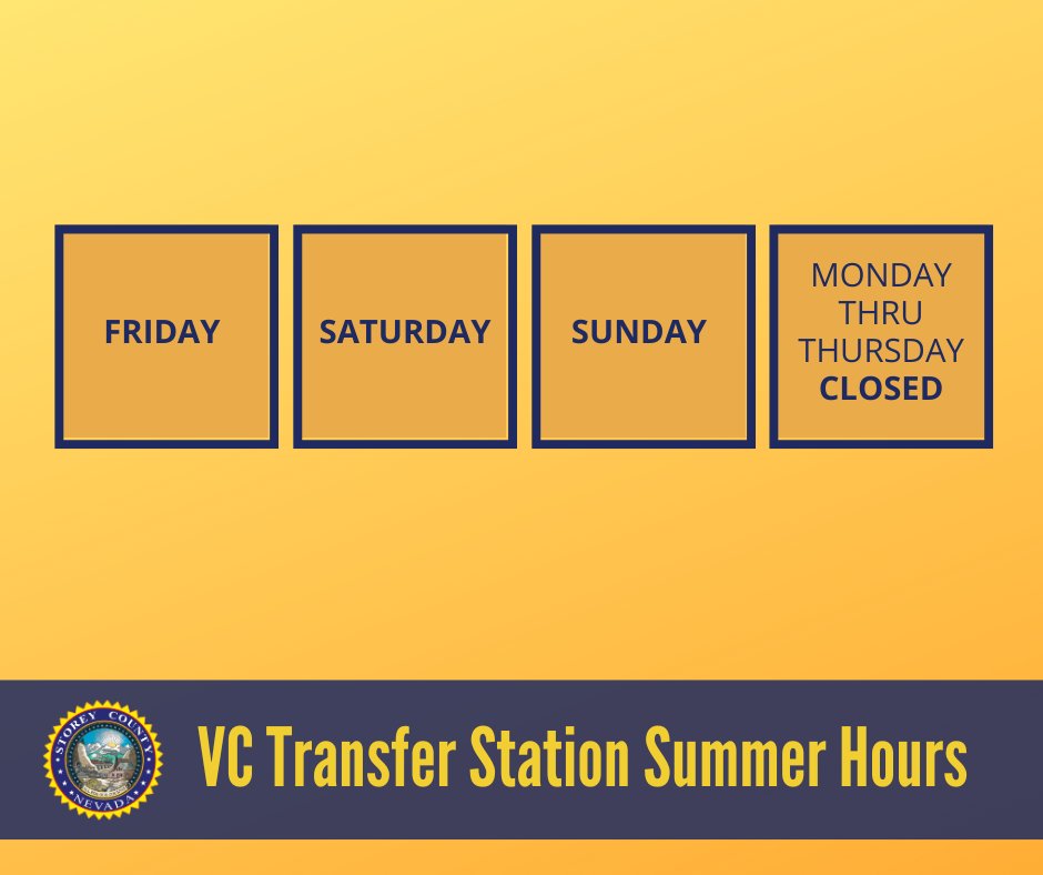 StoreyCounty's tweet photo. Starting Friday, April 28, the Virginia City Transfer Station summer hours start. Hours are Friday, Saturday and Sunday from 8 am to 3:30 pm (closed for lunch from 12 - 12:30 pm). #StoreyCounty https://t.co/5IRn9pheWX