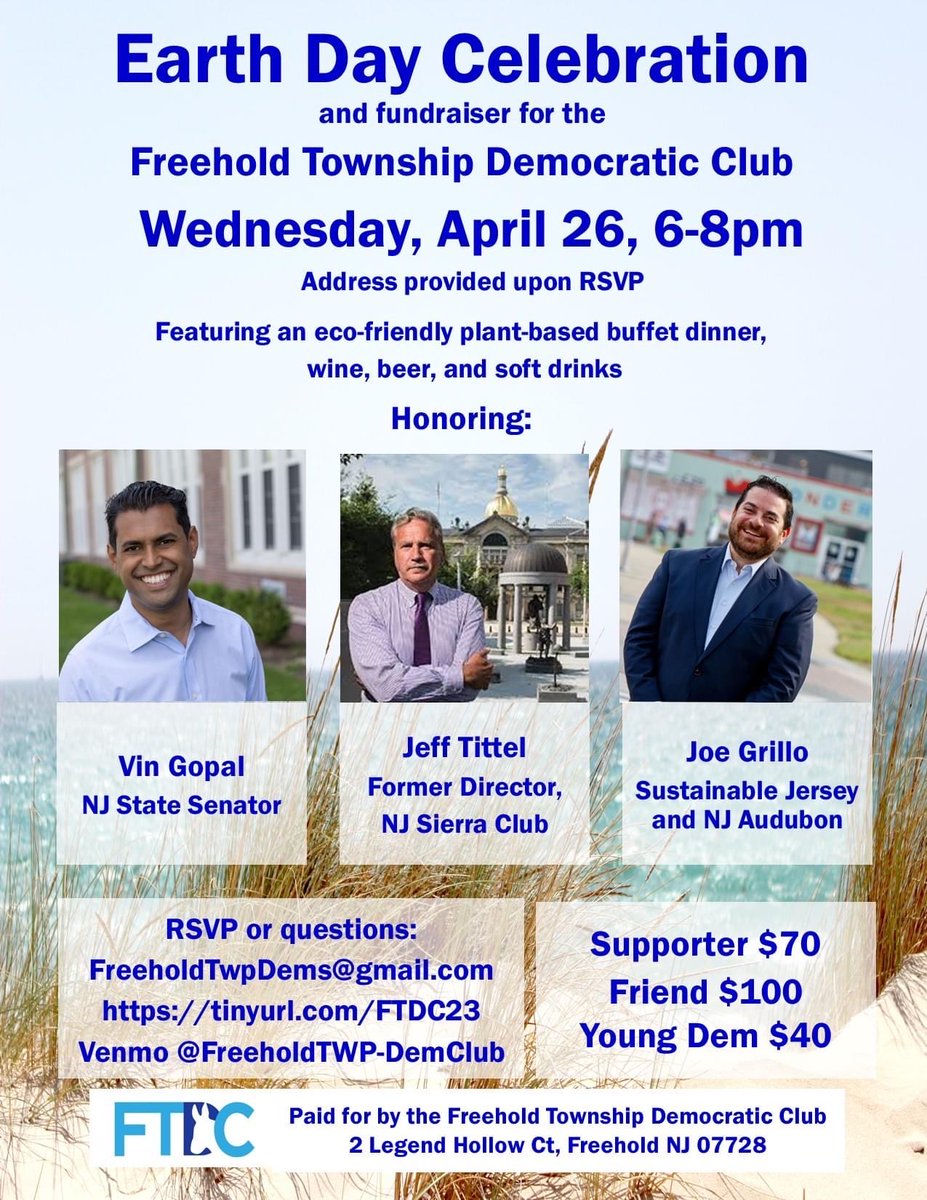 FreeholdDems's tweet photo. There’s still time to RSVP for our Earth Day celebration and fundraiser tomorrow night in Freehold, honoring ⁦@GiuseppeMGrillo⁩ ⁦@vingopal⁩ and ⁦@JeffTittel⁩ ! #Vegan dinner buffet. #freehold #EarthDay 

https:/ /tinyurl.com/FTDC23 https://t.co/q7gSYEdT4m