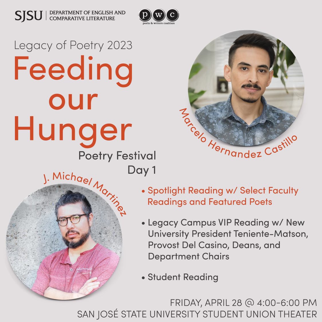 Day 1 of the festival is upon us, here’s what to expect on Friday🤩:
-@SJSU LOP readings📖
-Special appearances by them! 👬🏻

Click the link to reserve a spot to the event for FREE!😉💻
sjsu.edu/legacyofpoetry…

#poetryfestival
#LOP23 #FeedingOurHungerwithPoetry
#SJSULegacyofPoetry