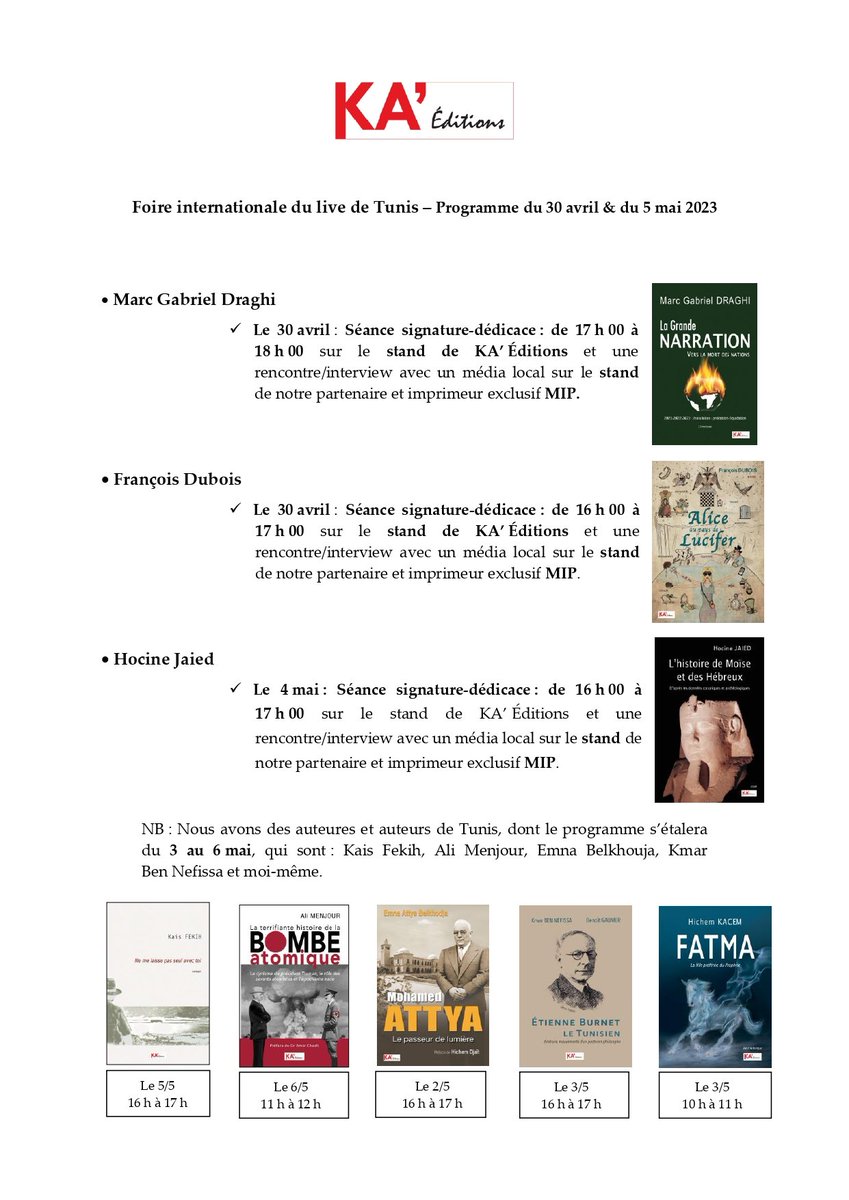 Hichem1's tweet photo. @gabriel_draghi @F_DUBOIStweet @Hocine_Jaied seront sur le stand @KA_editions à la Foire Internationale du Livre de Tunis.🍬 + ☕ en sus 😉
@CDJoncour @EricMon88733144 @KA_editions @Sofiadis_off @LibrVincent @orient_lib @NinaSinger_NANI @olivier_soulier https://t.co/vnn0X7F9At
