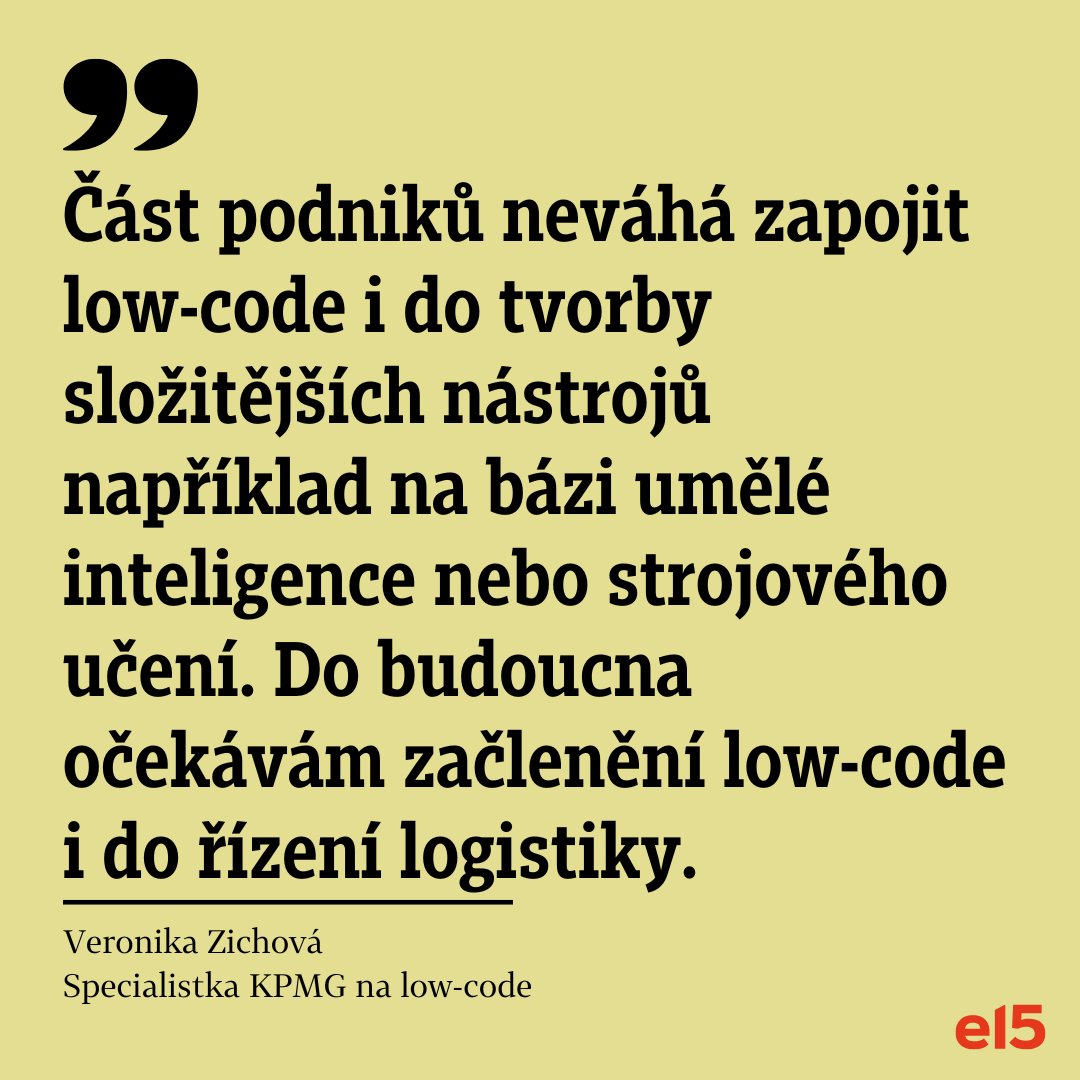 e15 (@e15_cz) on Twitter photo 🔴 „Technologie low-code vyžaduje minimum kódování a zrychlí a zlevní firmám digitalizaci,“ píše v komentáři Veronika Zichová z <a href="/KPMG_CZ/">KPMG Česká republika</a>. S čím vším může technologie low-code pomoci? Čtěte 👇
e15.cz/nazory/technol… 🔴 „Technologie low-code vyžaduje minimum kódování a zrychlí a zlevní firmám digitalizaci,“ píše v komentáři Veronika Zichová z <a href="/KPMG_CZ/">KPMG Česká republika</a>. S čím vším může technologie low-code pomoci? Čtěte 👇
e15.cz/nazory/technol…