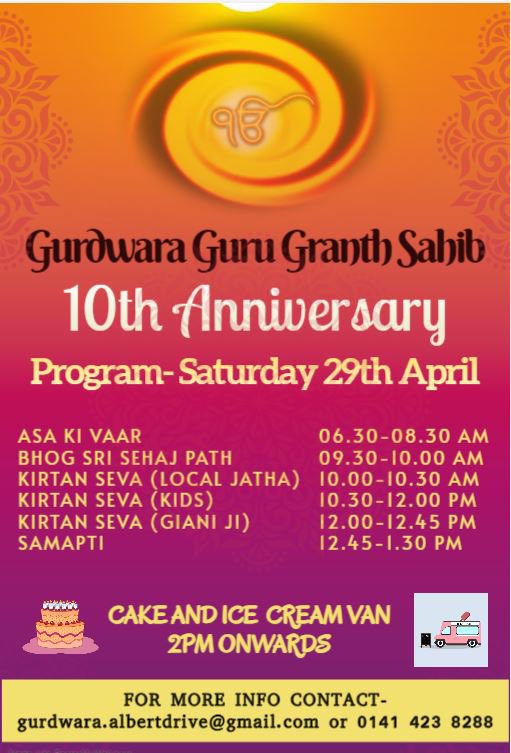 We are celebrating 10 years of moving into Scotland's first purpose built Gurdwara, Gurdwara Guru Granth Sahib on Albert Drive. 

 #Gurdwara #GlasgowGurdwara #Sikh #Kirtan #Anniversary #Scotland