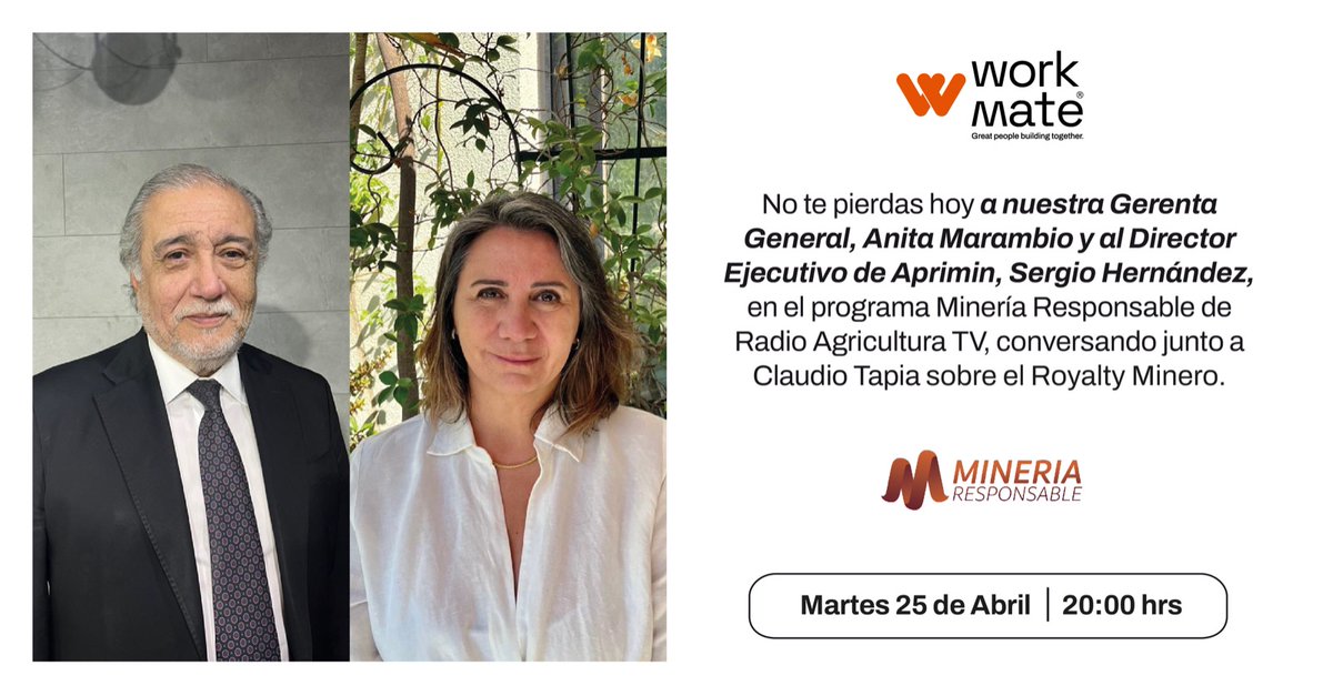 a_workmate's tweet photo. ¡Los invitamos a conversar sobre el Royalty Minero junto a Anita Marambio y Sergio Hernández! Estos dos expertos desarrollarán este concepto tan relevante en el último tiempo. Accede al link
https://t.co/CcwR3tYsLs

#radioagricultura #workmate 
#mineriaresponsable #royaltyminero https://t.co/R8x6azmzT6