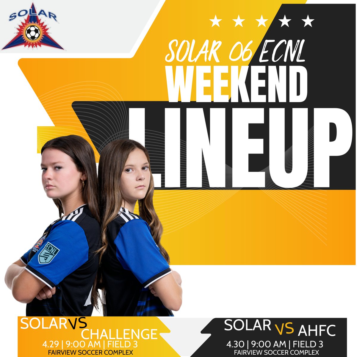 SolarECNL06's tweet photo. ⚫️WEEKEND LINEUP⚫️

Ready to compete 2✖️ this weekend 🆚@Challenge06ECNL and @AHFC06ECNL- Come ☑️ us out! 

@ImCollegeSoccer @ImYouthSoccer @PrepSoccer @TopDrawerSoccer @TheSoccerWire @ECNLgirls https://t.co/JdBaTdVLBm