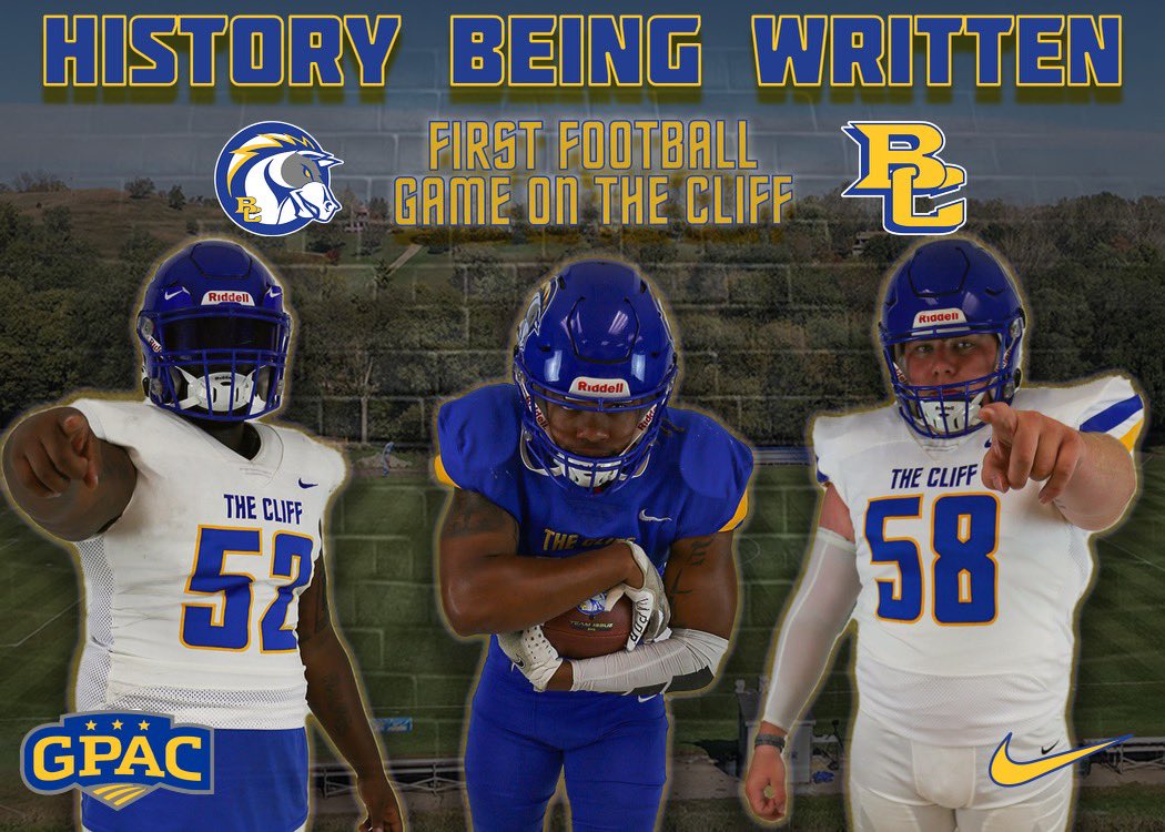 BriarCliffFB's tweet image. We will see you on The Cliff this Saturday as we make history by hosting the first ever football game on campus! 1 PM at Faber Field! #ALLIN
