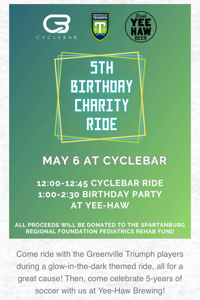 johnharkes6's tweet photo. CycleBar Charity Ride on May 6th!
￼please join @GVLTriumph 
https://t.co/Qb35vaFHH1 
and sign up for a great cause @Greenville_CB on May 6th! https://t.co/3aRaQIpVLd