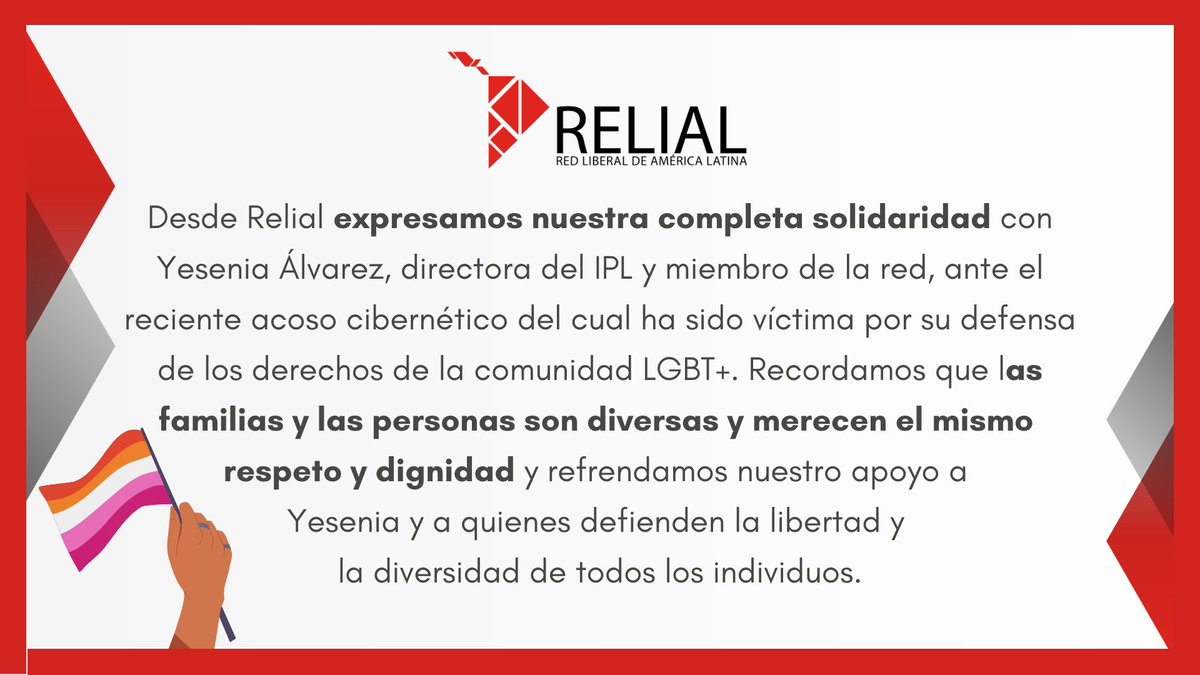 #RelialComunica su completa solidaridad con <a href="/yesiyeat/">Yesi Alvarez 🏳️‍🌈</a> ante las recientes muestras de acoso en su contra. Necesitamos más personas como ella que alcen la voz por el respeto a las libertades LGBT+.