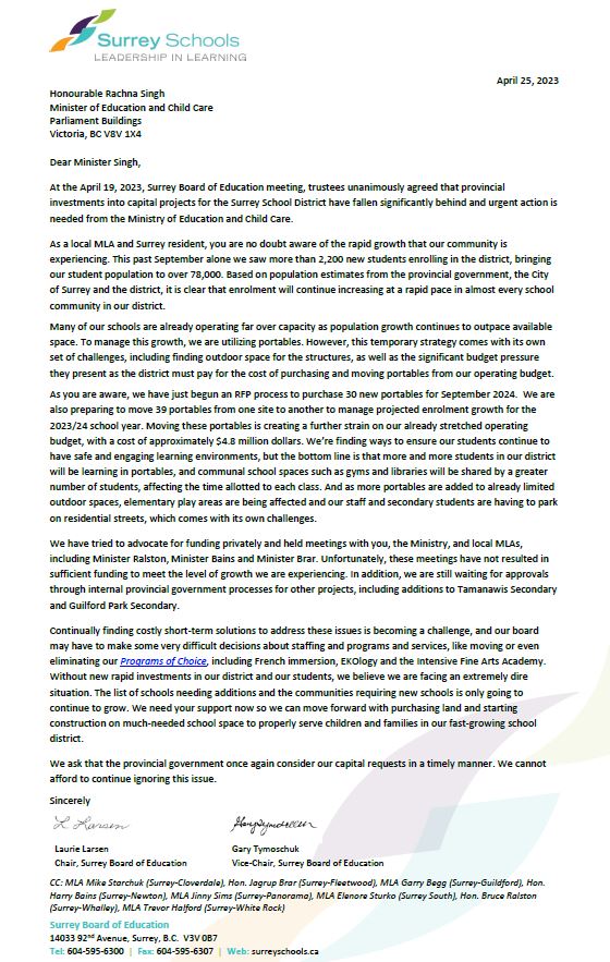 Surrey_Schools's tweet photo. The Surrey Board of Education has shared a letter with the Minister of Education and Child Care, and all local MLAs, highlighting the urgent need for investment in new schools and additions in our fast-growing district: https://t.co/ukAiFq6Awp

#SurreyBC #WhiteRockBC #sd36learn https://t.co/54WBRJABk1