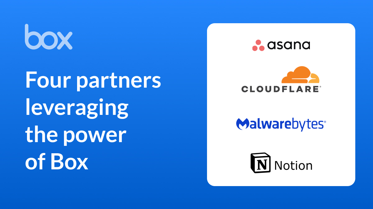 Box partners <a href="/asana/">asana</a>, <a href="/Cloudflare/">Cloudflare</a>, <a href="/Malwarebytes/">Malwarebytes</a>, and <a href="/NotionHQ/">Notion</a> have delivered integrations that are making waves in our ecosystem. Learn more about each of our partner's unique solutions and how you can use them to solve your unique business problems 👉 bit.ly/3mVSafy