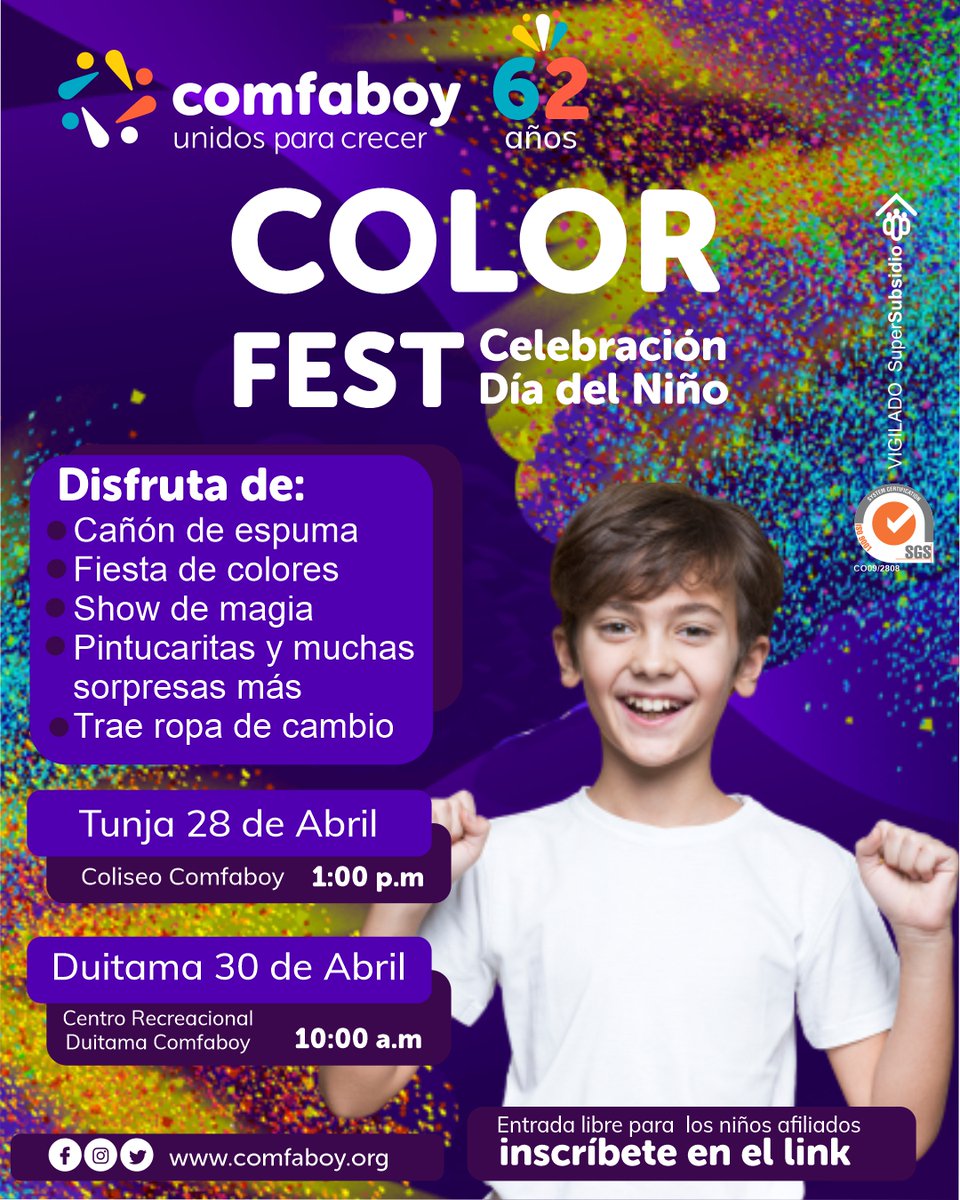 comfaboy's tweet image. ¿Ya te inscribiste? Hemos actualizado los horarios de nuestra Celebración del Día Del Niño #ColorFest. Nuestro evento en Tunja ahora iniciará a la 1:00 p.m. ¡INSCRÍBETE AHORA! 
comfaboy.org/noticias/986-c…
#ComfaboyUnidosParaCrecer
