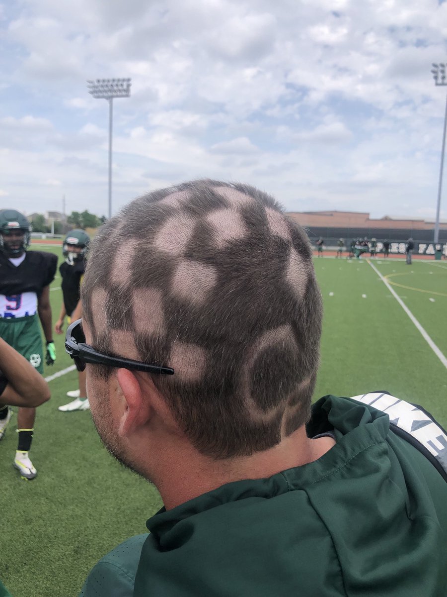 coachatte's tweet photo. Always good when the linebacker/baseball coach shows up to practice with a playoff hairdo... https://t.co/9a9tTWb17n