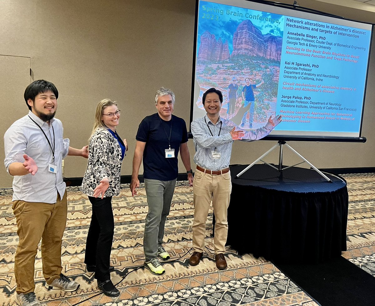 DavalosLab's tweet photo. The Network Alterations in Alzheimers Disease session at the #SpringBrainConference 2023 was a blast, Jazz hands and all! 👏and 🙏 Jorge Palop, @DrACSinger and @kei_m_igarashi for the great talks! @TatsukiNakagawa also gave a great trainee talk! https://t.co/KhPfqH30gj