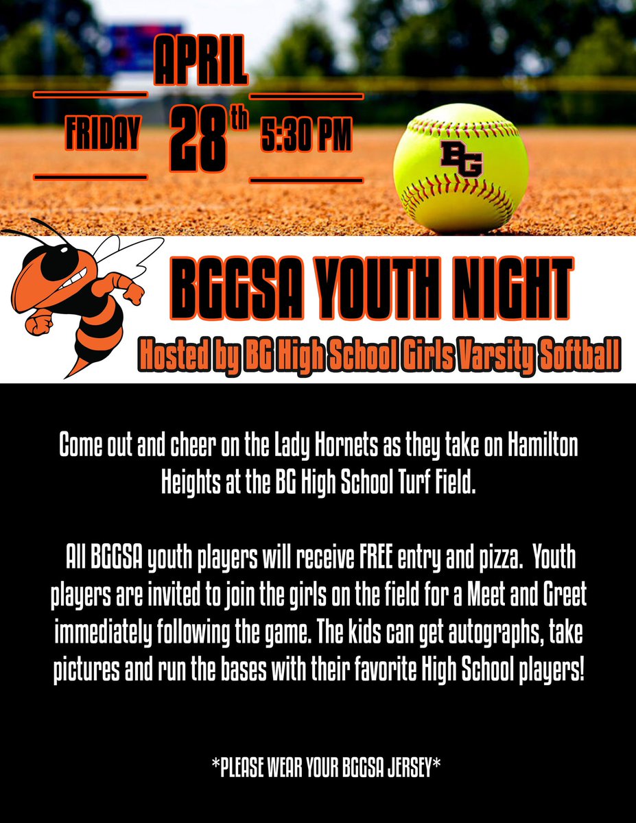 Your Lady Hornets host Youth Night this Friday!!! Let’s make it the biggest one yet! Building one softball player at a time!!! #buzzbuzz <a href="/TheHiveBGHS/">BGHS The Hive</a> <a href="/BGGSA/">BG Girls Softball</a>