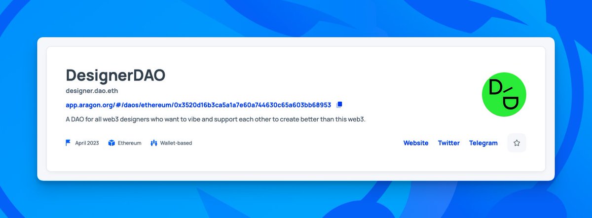 AragonProject's tweet image. 9. Media or creator collective DAO 📸
Imagine a DAO where each creator gets 1 token for each article or podcast they publish.
You can implement this model by creating proposals that mint more tokens when a cohort of creators needs to receive more 🪙
Example: Designer DAO