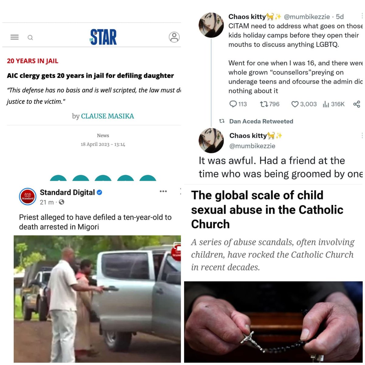 1. Girl drugged &raped by pastor who owns a housegirl bureau in ndenderu, July 2021;
2. Priest defiles 10yr old in Migori;
3. CITAM attendees open up on sexual preditators eyeing youthcamps;
4. AIC Clergy jailed for defiling daughter in April 2023. 
CHURCH MUST BE REGULATED!