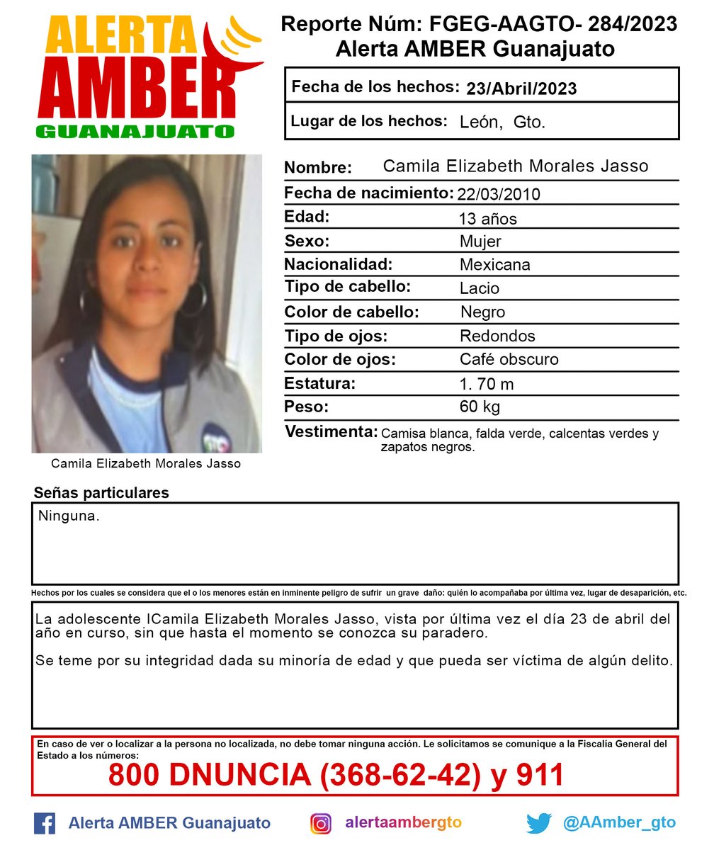 AAMBER_gto's tweet photo. Activación de la Alerta AMBER Guanajuato de la adolescente Camila Elizabeth Morales Jasso de 13 años de edad, León, Gto. ¡Ayúdanos a localizarla! https://t.co/ebG7Zv6Ois