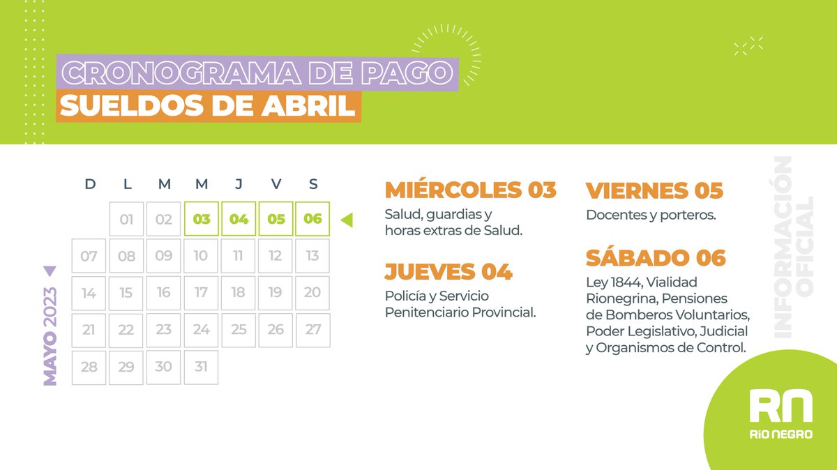 ArabelaCarreras's tweet photo. 📆Las y los estatales rionegrinos comenzarán a percibir sus salarios a partir del miércoles 03 de Mayo
El cronograma, que comienza con el depósito al sector salud, se extenderá hasta el sábado 06 de mayo.
#salarios #cronogramadepago https://t.co/izU3QDDWQg