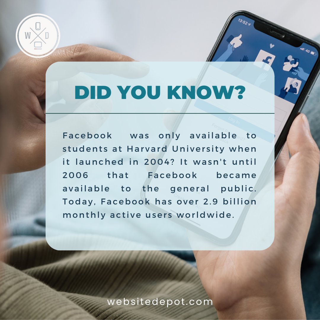 WebsiteDepot's tweet photo. Did you know that Facebook was originally called "Thefacebook" and was only available to students at Harvard University when it launched in 2004? 🌎💻
#DidYouKnow #FacebookHistory #SocialMediaFacts https://t.co/Fe30zb8v8U