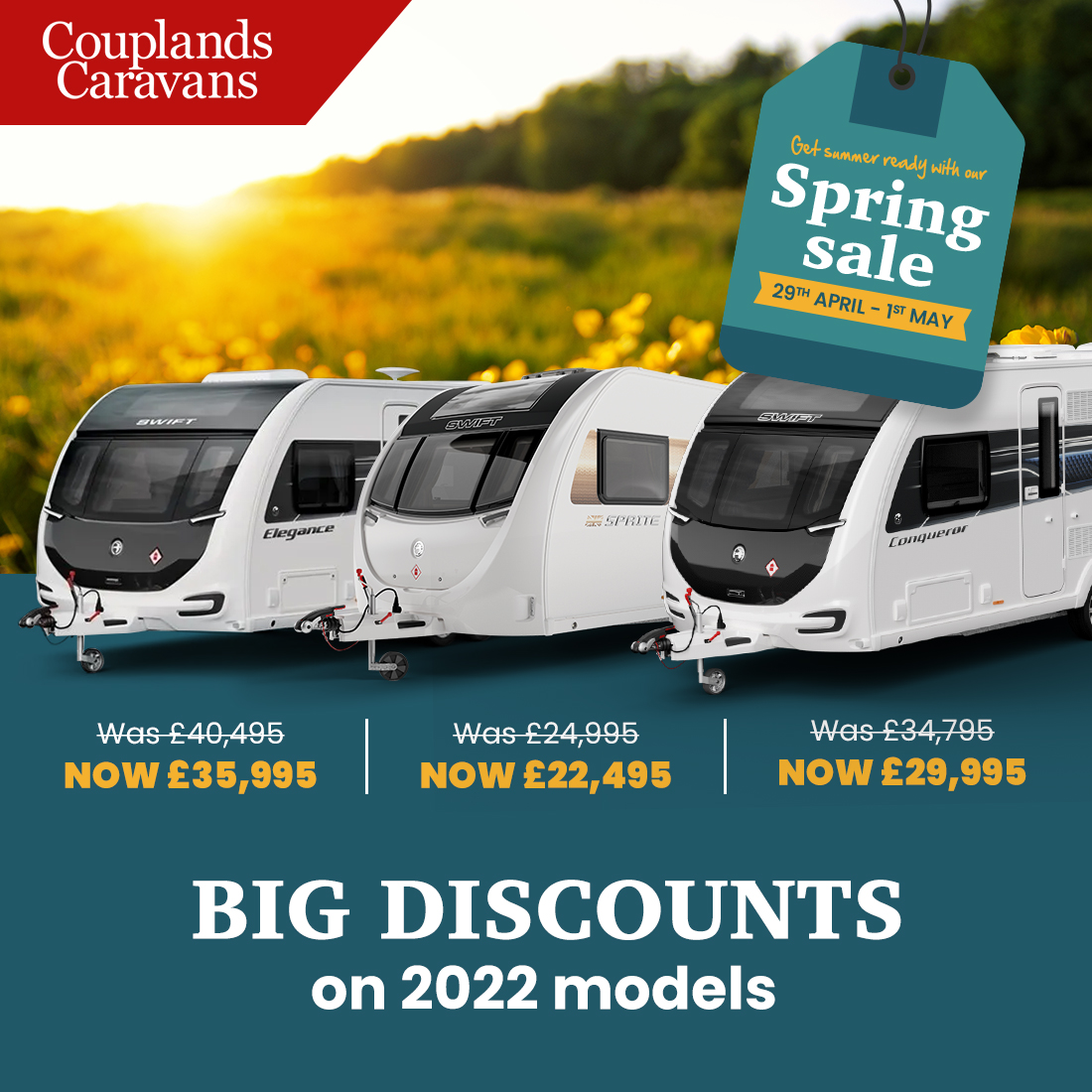swiftgroup's tweet photo. Couplands Caravans have a massive Spring Sale from 29th April to 1st May, with big discounts on 2022 Swift models.
Don't miss out on this opportunity to get your hands on the latest models at unbeatable prices.
#SpringSale #SwiftGroup #CouplandsCaravans #CaravanningAdventures https://t.co/2c83Y4bvnI