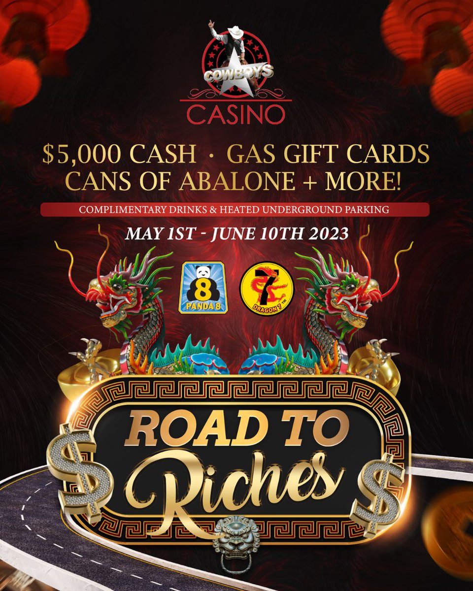 CowboysCasino's tweet photo. We’re on the Road to Riches this May! 🤑💸🛣
•
SO MANY prizes to be won! Including $5000 CASH! Gas gift cards, cans of Abalone & SO MUCH MORE! 🦪🤩🙌
•
#eatdrinkplay #cowboyscasino #yyccasino #vicparkyyc #calgarycasino #yycgaming #yycfun #highlimit #roadtoriches #prizing https://t.co/raLwkD51es