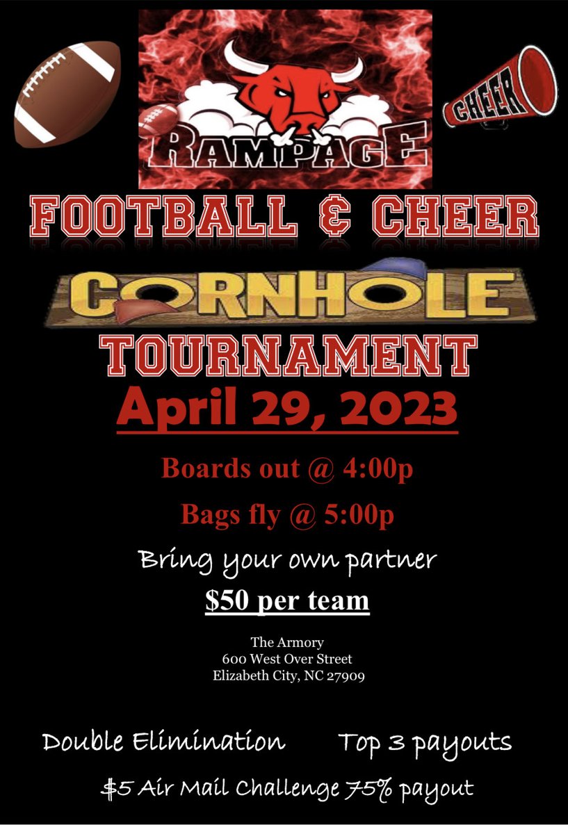 Please come support your local Police Athletic League (PAL) Program on April 29, 2023, for the Rampage Football and Cheer Cornhole Tournament!