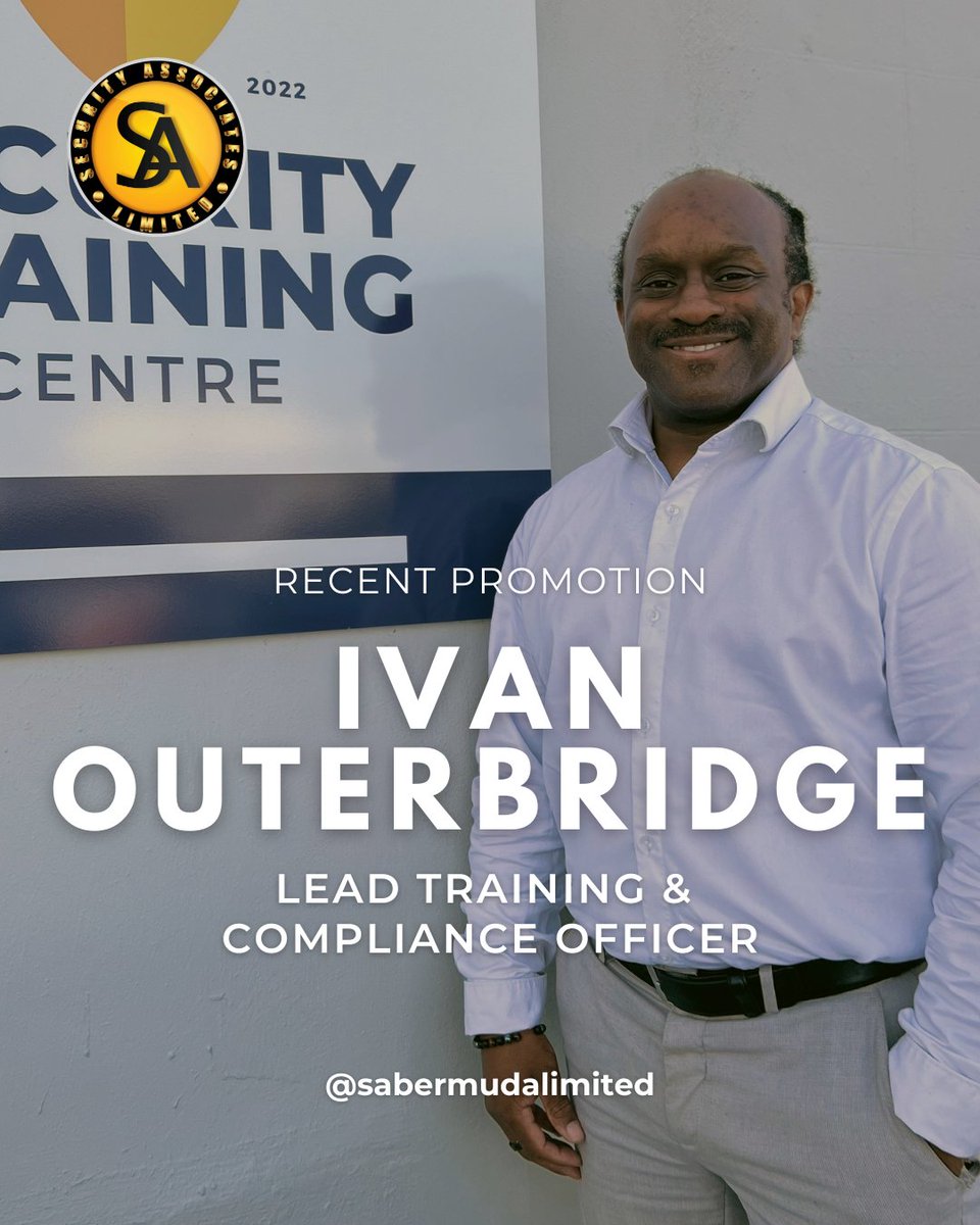 SABermudaLtd's tweet photo. 🎉CONGRATULATIONS ON YOUR PROMOTION!
Ivan Outerbridge has been promoted to Lead Training &amp; Compliance Officer.

He’s been with the company for 5 years and we hope for many more!⁠ 

Follow us and meet even more of our amazing SA team.⁠ https://t.co/m9SgvQGMpp