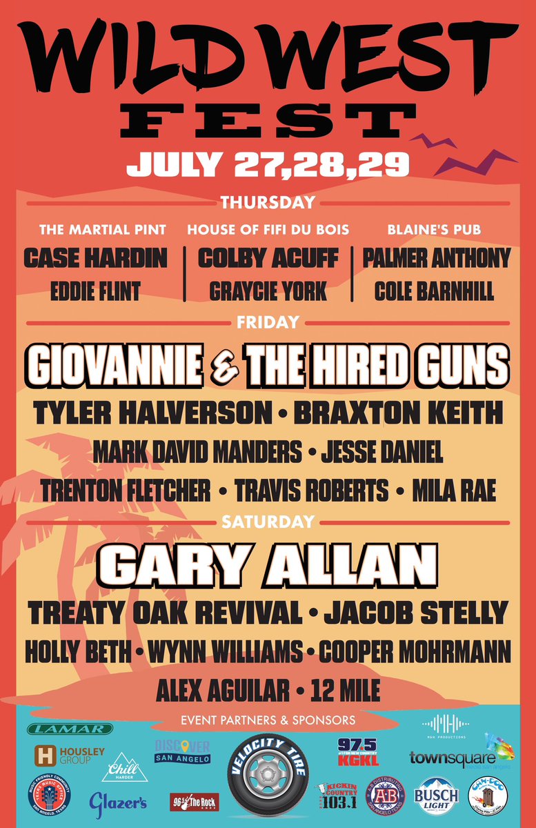 _WildWestFest's tweet photo. The Official Wild West Fest 2023 Lineup!! 🔥🔥

3 days! 22 bands! Cold beer! Country Music! 

Tickets on sale Thursday at 10am!!

#wildwestfest #wildwestfest2023 https://t.co/hW9YKB0vlJ