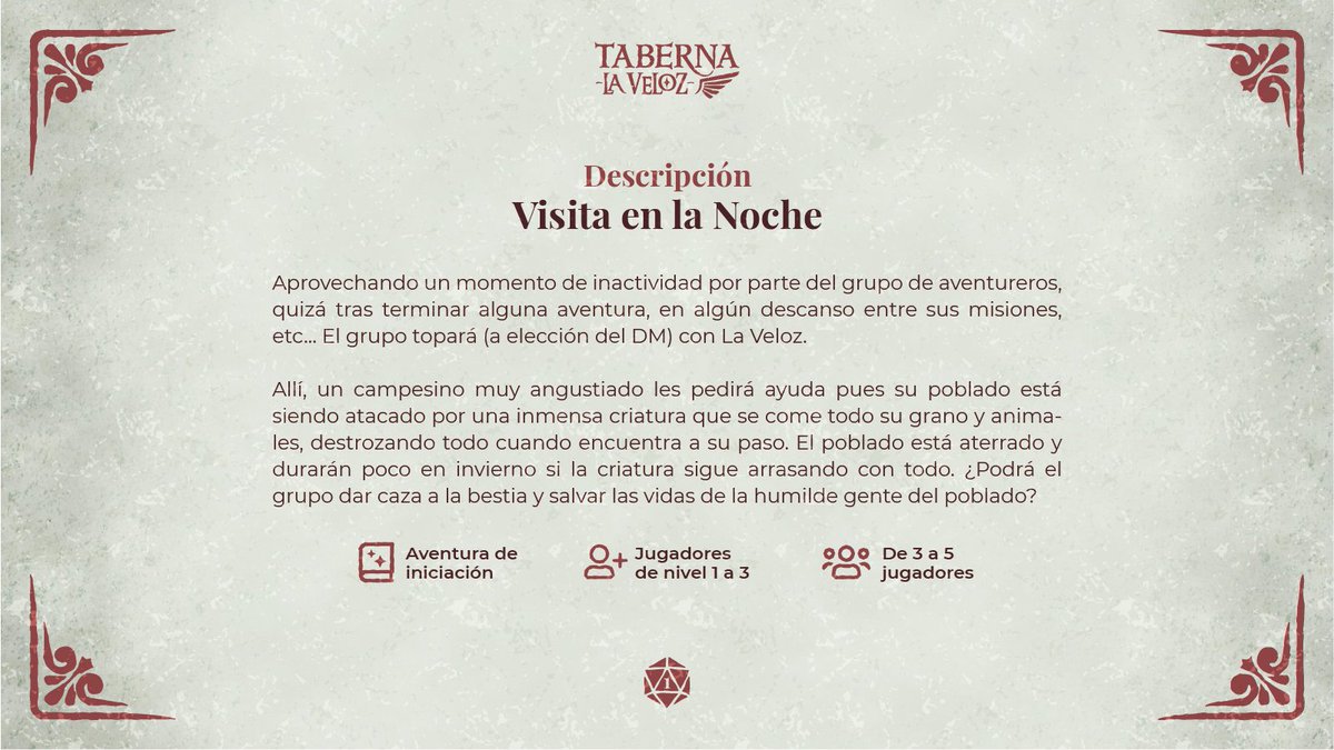 tabernalaveloz's tweet photo. ¿Estás buscando aventuras?
En Taberna la Veloz hemos publicado nuestro primer oneshot de dnd5ª de forma gratuita en nuestra web.

⚔️https://t.co/3DExv7EPiI https://t.co/lF5l8PiymV