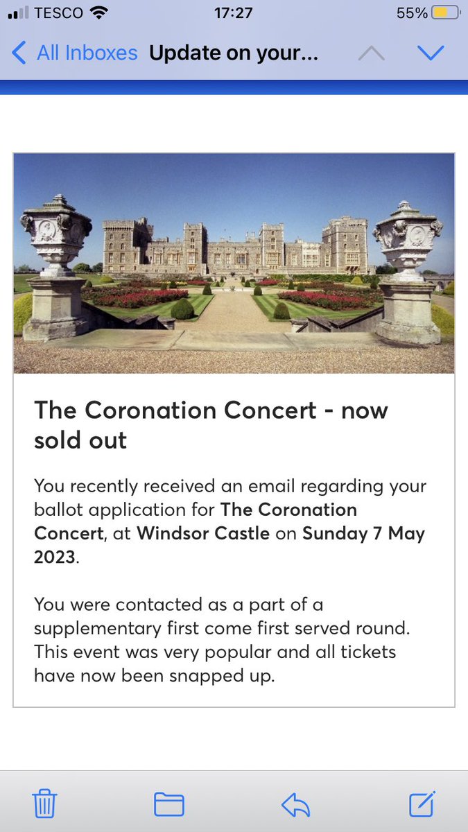 Mrs_M2008's tweet photo. @TicketmasterUK Enter the ballot in February and am over the moon to get a congratulations email, only to find out the rules change from what was previously advertised, and it’s a ‘first come, first served’. Do I cancel my hotel reservation or not?!? #confused #CoronationConcert https://t.co/YU9tUD9WTO