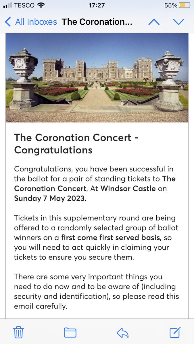 Mrs_M2008's tweet photo. @TicketmasterUK Enter the ballot in February and am over the moon to get a congratulations email, only to find out the rules change from what was previously advertised, and it’s a ‘first come, first served’. Do I cancel my hotel reservation or not?!? #confused #CoronationConcert https://t.co/YU9tUD9WTO