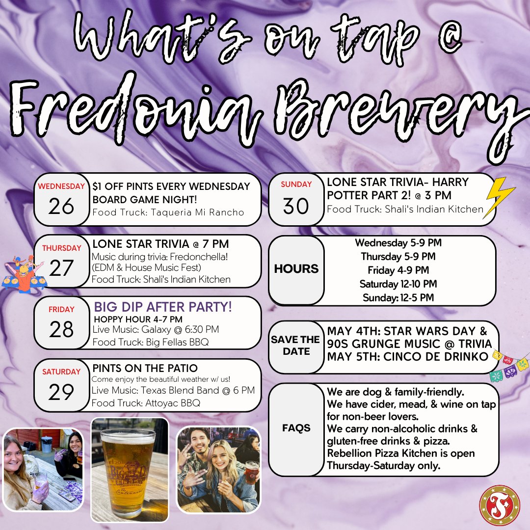 FredoniaBrewery's tweet photo. Another busy week filled with fun events, fantastic live music, yummy food options, and of course, delicious locally brewed & SFA alumni-owned craft beer!
#DrinkLocalBeer #BeerAndBites #Traditions #OldestTownInTexas #SIPportLocal #TriviaThursdays #FlightFriday #UrAWizardArry https://t.co/d6csOUS6Fr