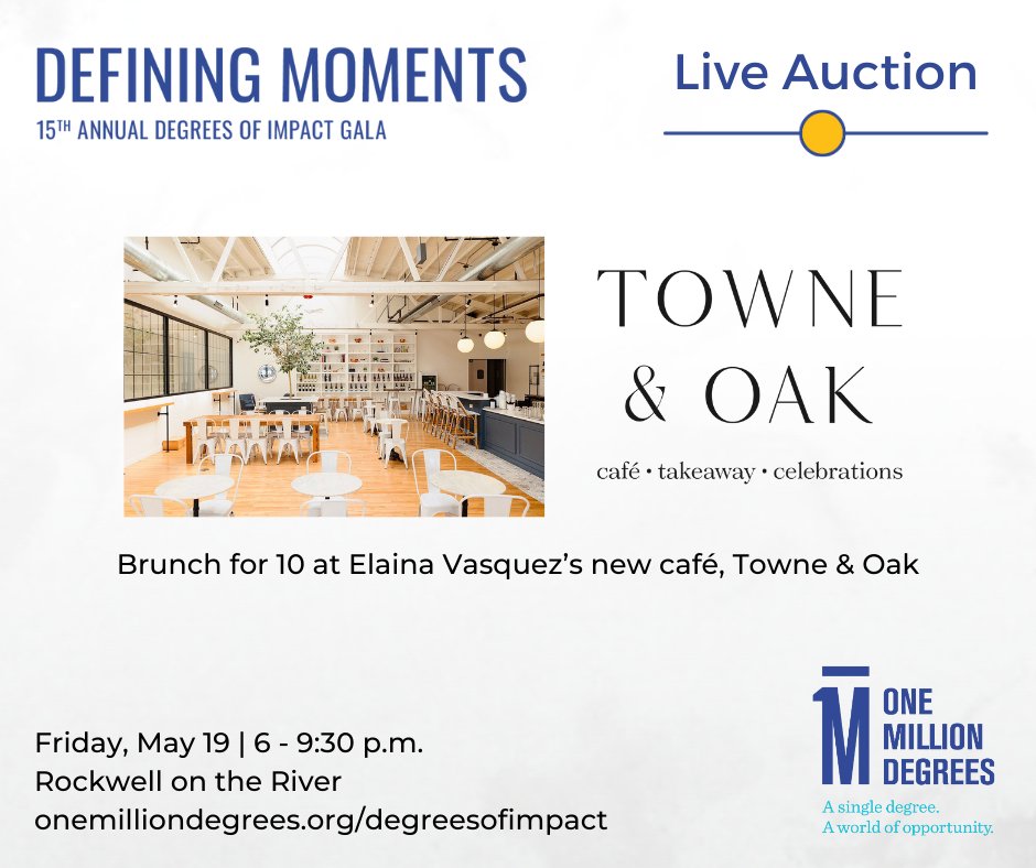 One Million Degrees (@1milliondegrees) on Twitter photo Going, going, gone! On May 19, the bidding starts at the Degrees of Impact live auction. Brunch for you + 9 friends at Elaina Vazquez’s new café, Towne & Oak, will be up for grabs - don't miss it! 
e.givesmart.com/events/qMg/ 
#DegreesOfImpact #OneMillionDegrees #DefiningMoments Going, going, gone! On May 19, the bidding starts at the Degrees of Impact live auction. Brunch for you + 9 friends at Elaina Vazquez’s new café, Towne & Oak, will be up for grabs - don't miss it! 
e.givesmart.com/events/qMg/ 
#DegreesOfImpact #OneMillionDegrees #DefiningMoments
