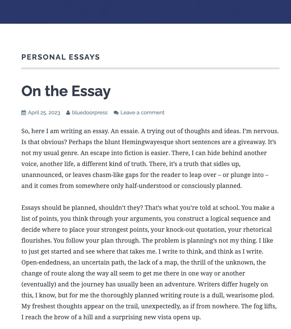 Barbara Bleiman 🎓 Education is Conversation (@barbarableiman) on Twitter photo I've just written a new piece. This time it's for <a href="/BlueDoorPress/">Blue Door Press</a> and it's an essay....on the essay! It's in a series of personal essays by Blue Door Press writers. Hope people like it. I'd love feedback! bluedoorpress.co.uk/category/perso… I've just written a new piece. This time it's for <a href="/BlueDoorPress/">Blue Door Press</a> and it's an essay....on the essay! It's in a series of personal essays by Blue Door Press writers. Hope people like it. I'd love feedback! bluedoorpress.co.uk/category/perso…