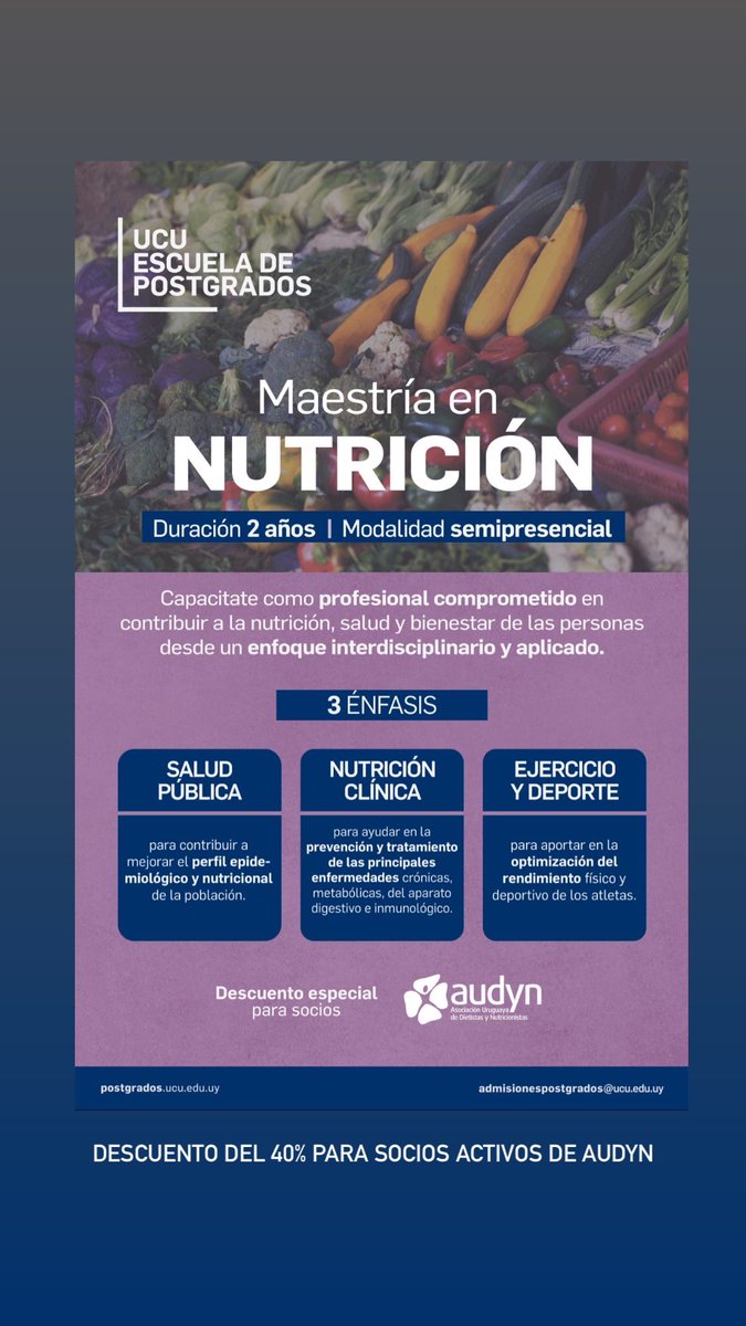 Audyn1962's tweet photo. Difundimos información sobre Maestría en Nutrición dictada por @UCUoficial 

Descuento del 40% exclusivo para socios activos de AUDYN

Solicítanos información al 092366424 o audyn1962@gmail.com https://t.co/0yRrXExhW0