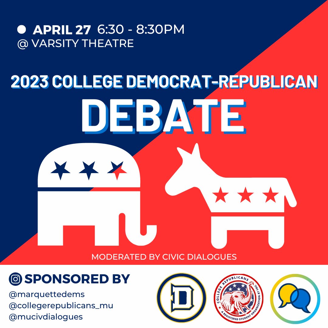 We're excited to moderate the 2023 College Democrat-Republican Debate THIS Thursday from 6:30-830PM at <a href="/MarquetteU/">Marquette University</a> Varsity Theatre.

All are welcome and no registration is required!