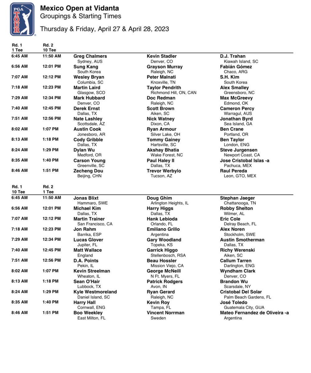 PGATOURComms's tweet image. Groupings and starting times for the first and second rounds of the Mexico Open at Vidanta