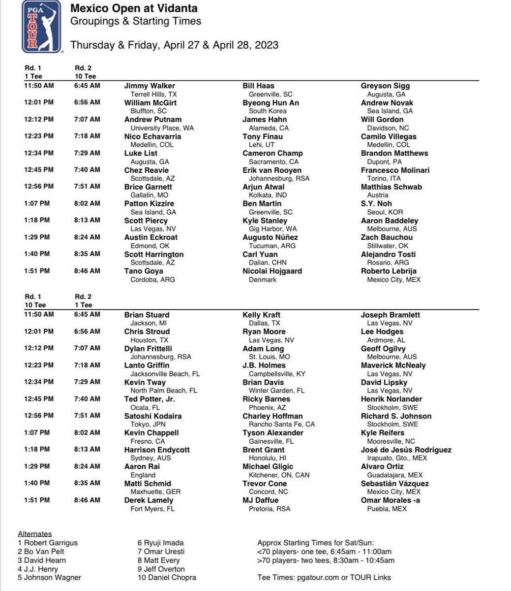 PGATOURComms's tweet image. Groupings and starting times for the first and second rounds of the Mexico Open at Vidanta