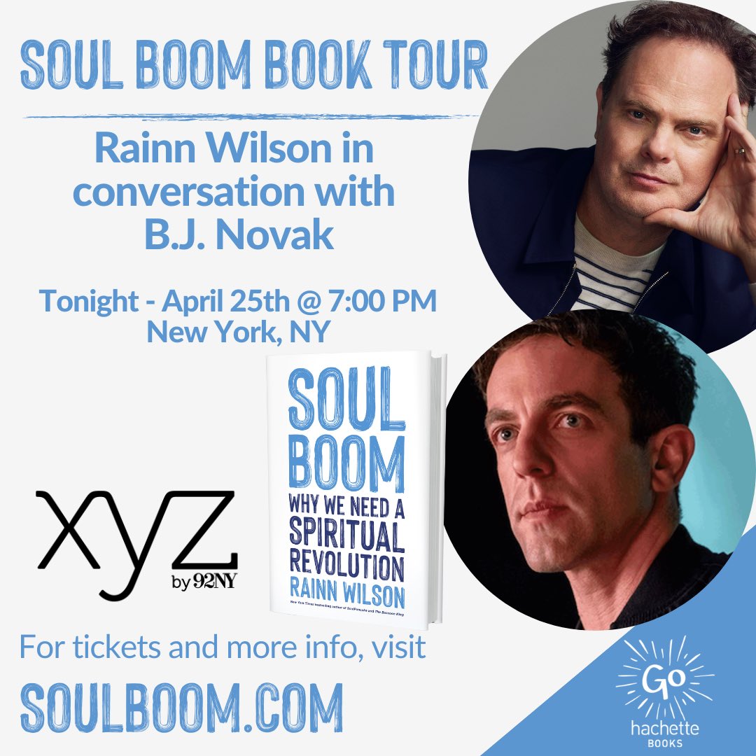 New York City STAND UP!!! Tonight @7pm at the Kaufman Concert Hall (and online) join me and my beloved friend @bjnovak for our conversation about life, love, the mysteries of the universe, and SOUL BOOM! Link for tickets: 92ny.org/event/rainn-wi…