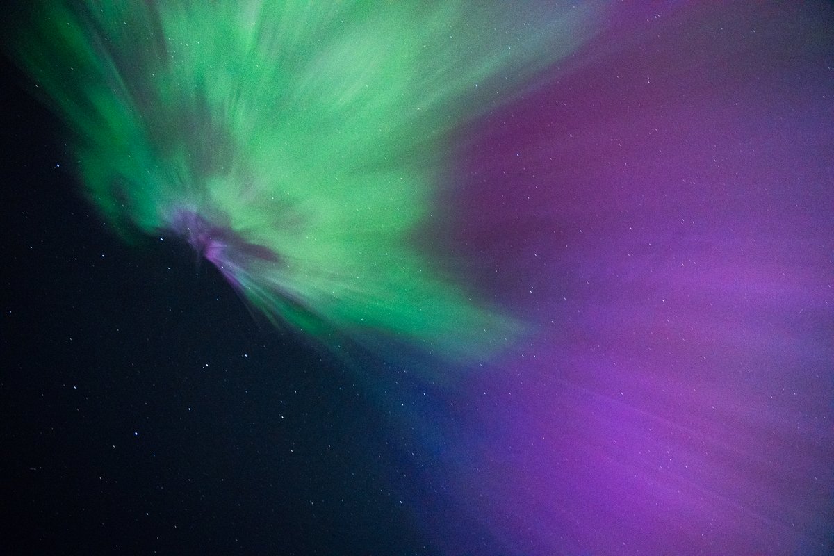 sdantwx's tweet photo. Despite some similarities, aurora in the mid latitudes is vastly different to me even at its strongest than average aurora at high lats. Coronas show this most strongly - slower motion and weaker structure but more pulsing and big colors. Not sure why but it's interesting 🤷‍♀️ https://t.co/a2eh3BI6Vz