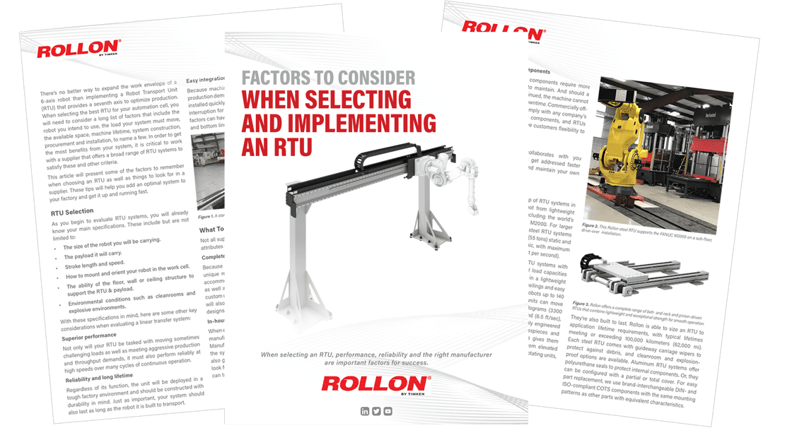 RollonLinear's tweet photo. Robot transport units (RTU) can expand the work envelope of your 6-axis robot by providing a seventh axis. When selecting the best RTU for your automation cell, you'll need to consider many factors. Learn more in our white paper: https://t.co/FVuavSRbnf #robotics #automation https://t.co/Yhr6YWoKHw