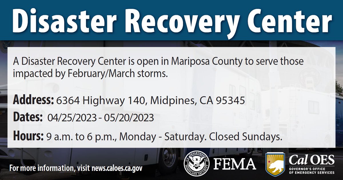 In partnership with <a href="/Cal_OES/">California Governor's Office of Emergency Services</a>, <a href="/fema/">FEMA</a>, and <a href="/SBAgov/">SBA</a>, <a href="/MariposaCounty/">Mariposa County</a> is hosting a Disaster Recovery Center (DRC) at Midpines Hall to assist those impacted by February/March storms. For more information: wp.me/pd8T7h-83c