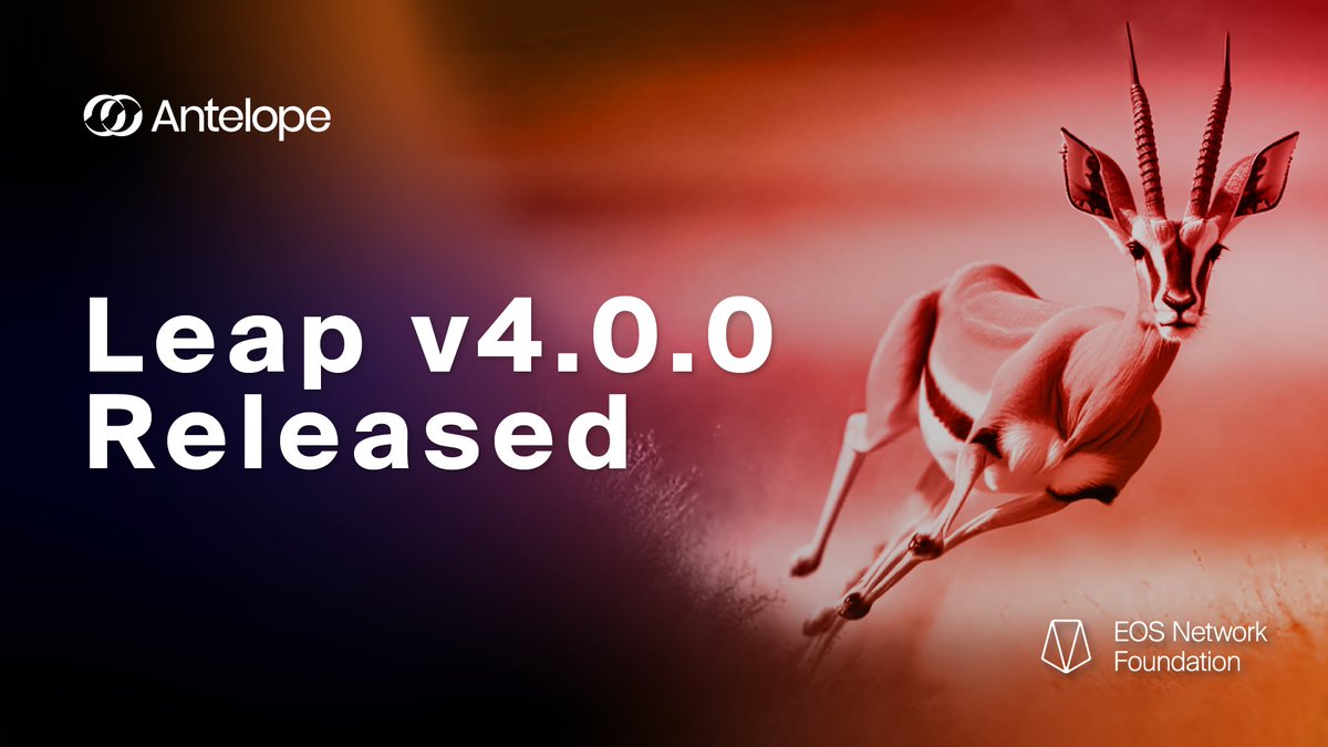 Today, the #ENF is excited to announce the release of Antelope Leap v4.0.0 🦌

New features include
🏎️ Higher Performance w/Multi-Threading
📊 Reduced Latency &amp; Faster Block Propagation
🔎 More Control &amp; Visibility Around State &amp; History Data

More Info 👇
eosnetwork.com/blog/antelope-…