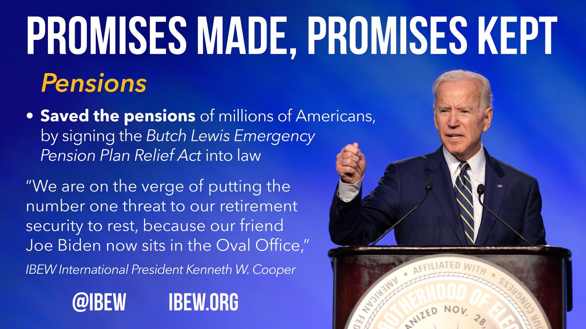 Here's why the #IBEW supports <a href="/JoeBiden/">Joe Biden</a>. When America's multi-employer pension plan system was on the verge of collapse, President Biden promised to save the retirement security of hundreds of thousands of Americans. Promises made. Promises kept.