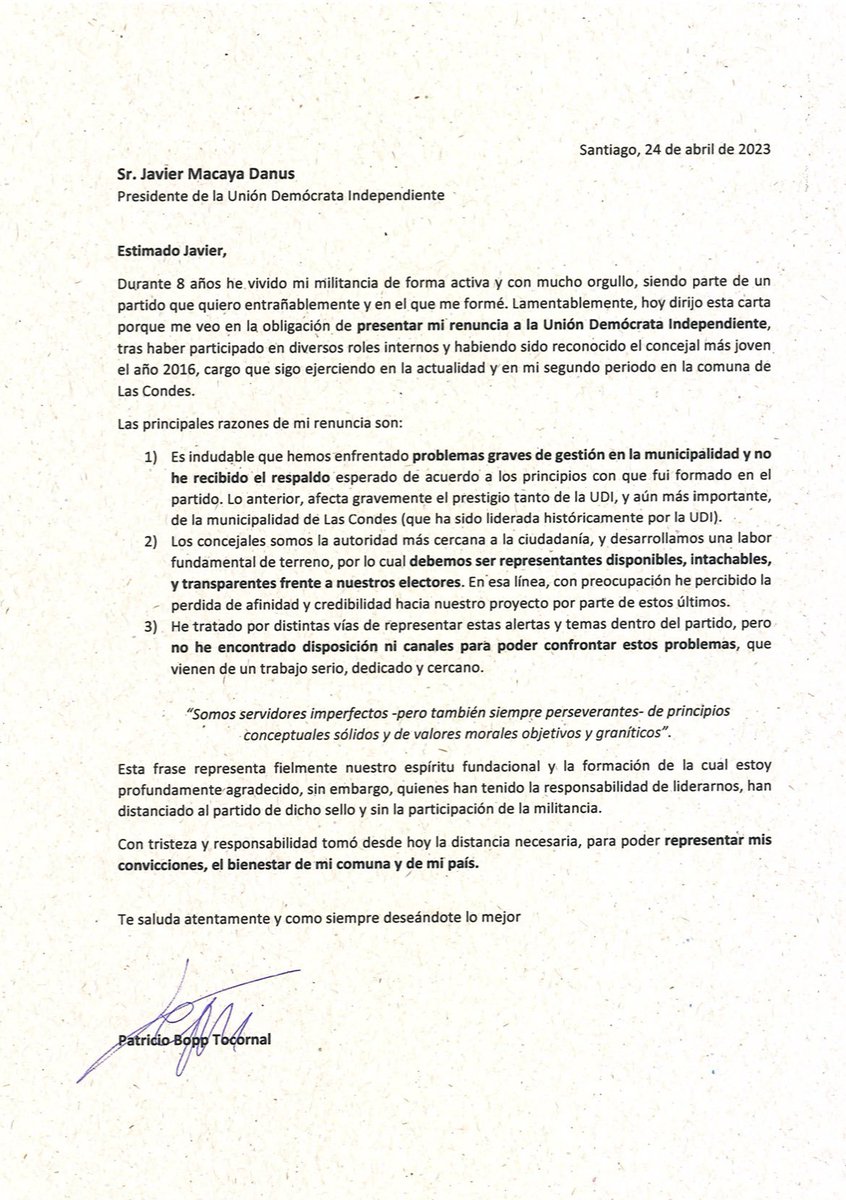 BotCheckerCL's tweet photo. Concejal de Las Condes Patricio Boppt @pboppt, renuncia a la UDI por el NULO respaldo del partido y en particular de su presidente, Javier Macaya @javiermacaya, en la investigación de las irregularidades en la compra de terreno del Cesfam. 

Así se oculta la corrupción en Chile. https://t.co/JoQLLFxUOl